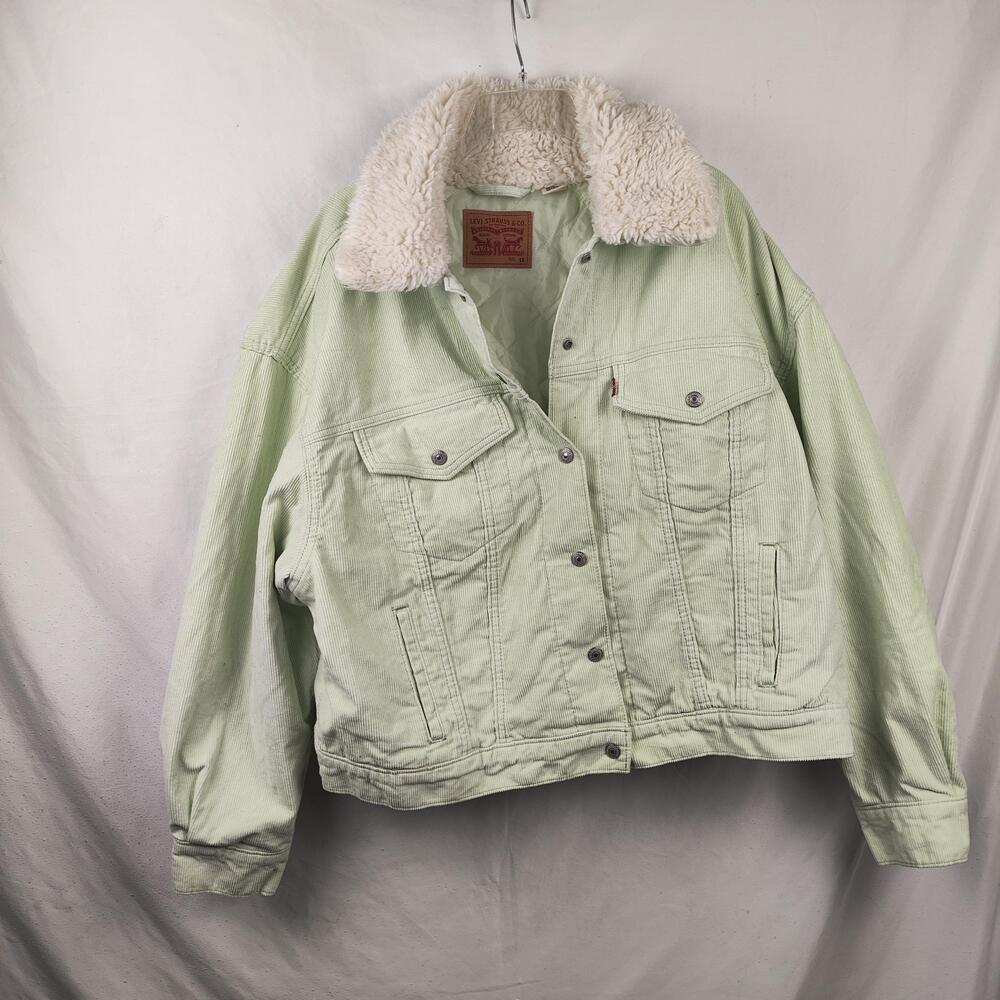 Levis Jacket Womens 1X Green Corduroy Sherpa Collar Lined Pockets Warm Cozy